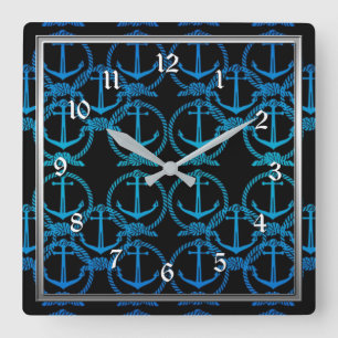 Nautical Blue Anchor Motif Square Wall Clock Quadratische Wanduhr