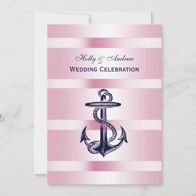 Nautical Blue Anchor Pink BG V Wedding Einladung (Vorderseite)