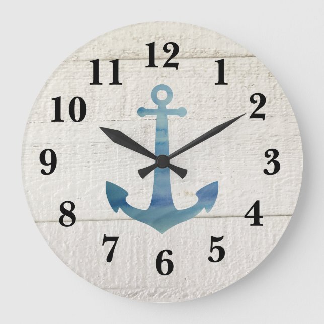 Nautical Blue Anchor Shiplap Rustikale Dekoration  Große Wanduhr (Vorderseite)