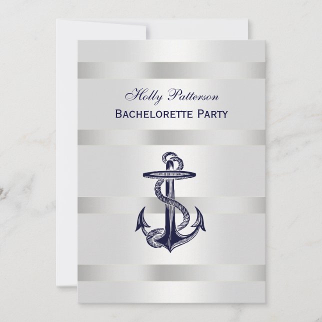 Nautical Blue Anchor Silver Wt BG / Bachelorette Einladung (Vorderseite)