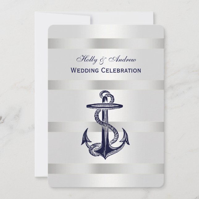 Nautical Blue Anchor Silver Wt BG V Wedding Einladung (Vorderseite)