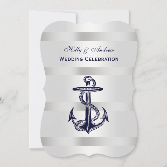 Nautical Blue Anchor Silver Wt BG V Wedding Einladung (Vorderseite)