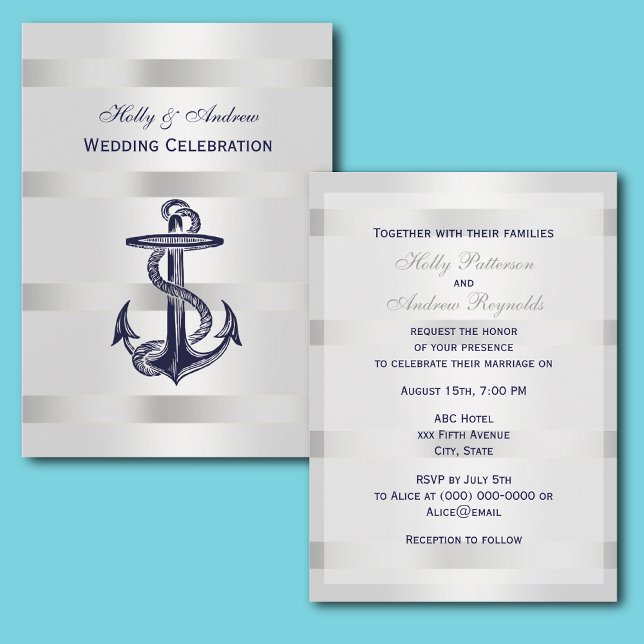 Nautical Blue Anchor Silver Wt BG V Wedding Einladung (Von Creator hochgeladen)
