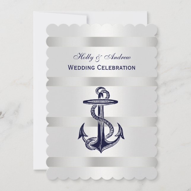 Nautical Blue Anchor Silver Wt BG V Wedding T Einladung (Vorderseite)