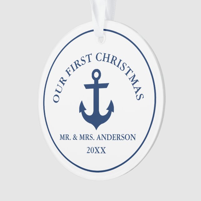 Nautical Blue Anchor Unser erstes Weihnachten Ornament (Vorderseite)