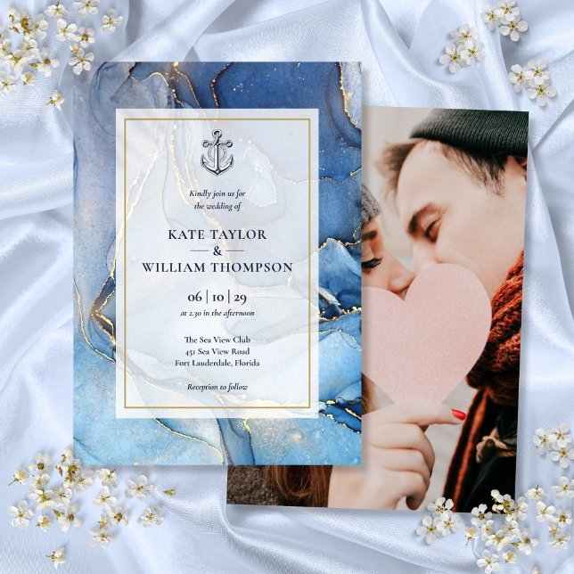 Nautical Blue and Gold Agate Anchor Hochzeitsfest  Einladung (Nautical Blue And Gold Agate Anchor Wedding Photo Invitation)