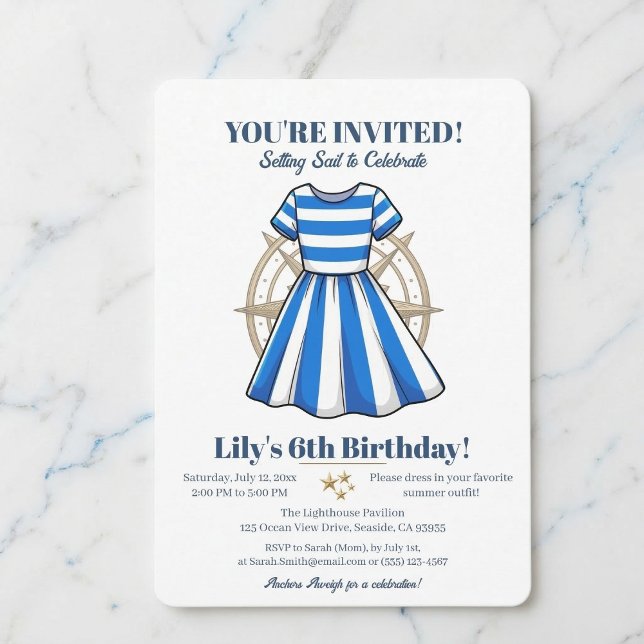 Nautical Blue And White Sailor Dress Party Invite Einladung (Gather your crew for a special birthday.)