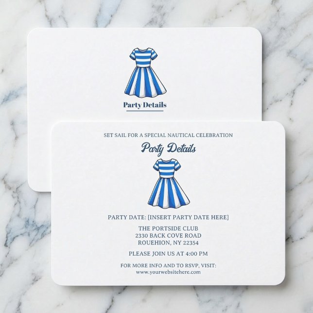 Nautical Blue And White Sailor Dress Party QR Code RSVP Karte (Perfect for your seaside event.)