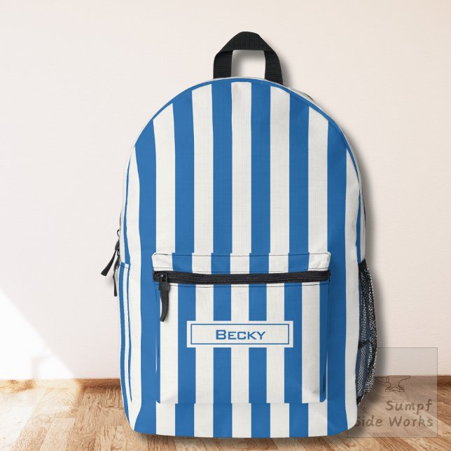 Nautical Blue and White Stripes and Name Bedruckter Rucksack (Von Creator hochgeladen)