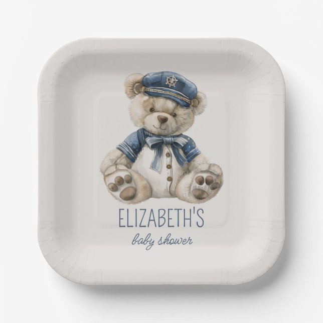 Nautical Blue Baby Bear Baby Shower Pappteller (Vorderseite)