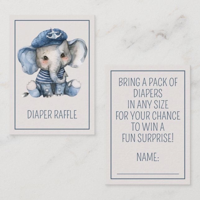 Nautical Blue Baby Elephant Diaper Raffle Begleitkarte (Vorne/Hinten)