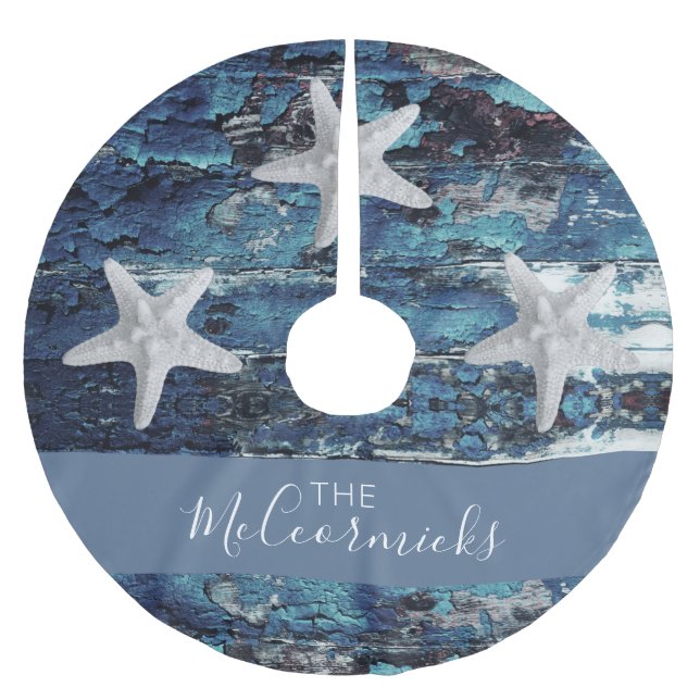 Nautical Blue Beach Rusticus Starfish Familienname Polyester Weihnachtsbaumdecke (Vorderseite)