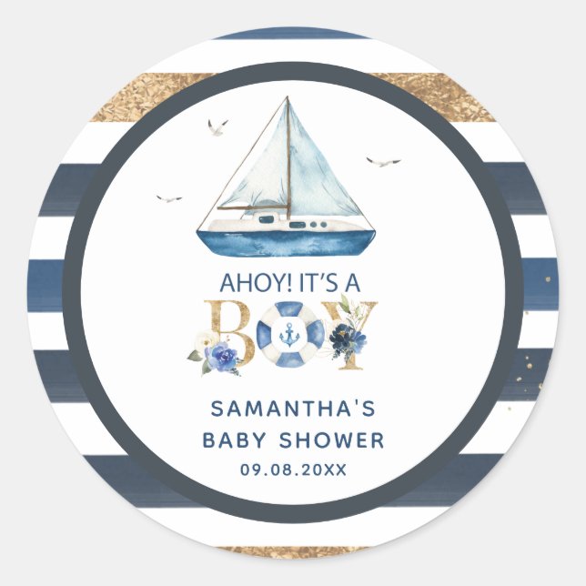 Nautical Blue Boat Ahoy Es ist ein Boy Shower Gefa Runder Aufkleber (Vorderseite)