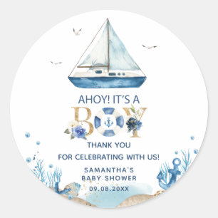 Nautical Blue Boat Ahoy Es ist eine Baby-Dusche Runder Aufkleber