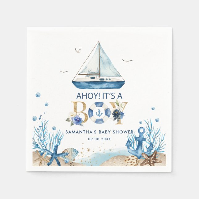 Nautical Blue Boat Ahoy Es ist eine Baby-Dusche Serviette (Vorderseite)