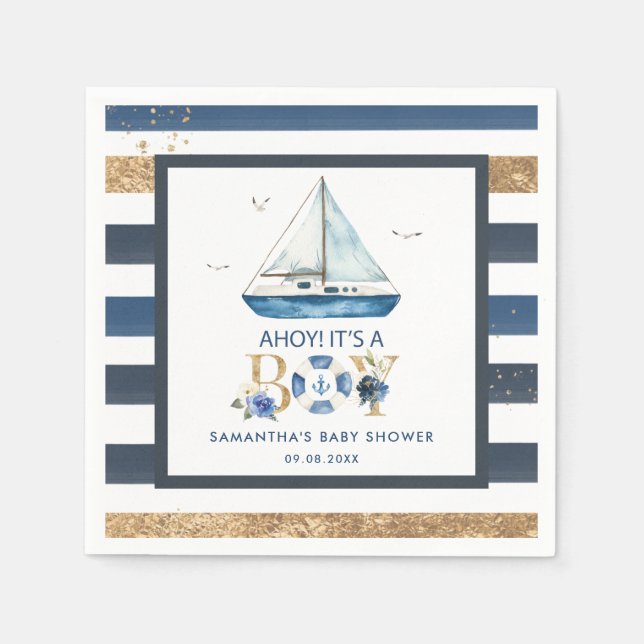 Nautical Blue Boat Ahoy Es ist eine Baby-Dusche Serviette (Vorderseite)