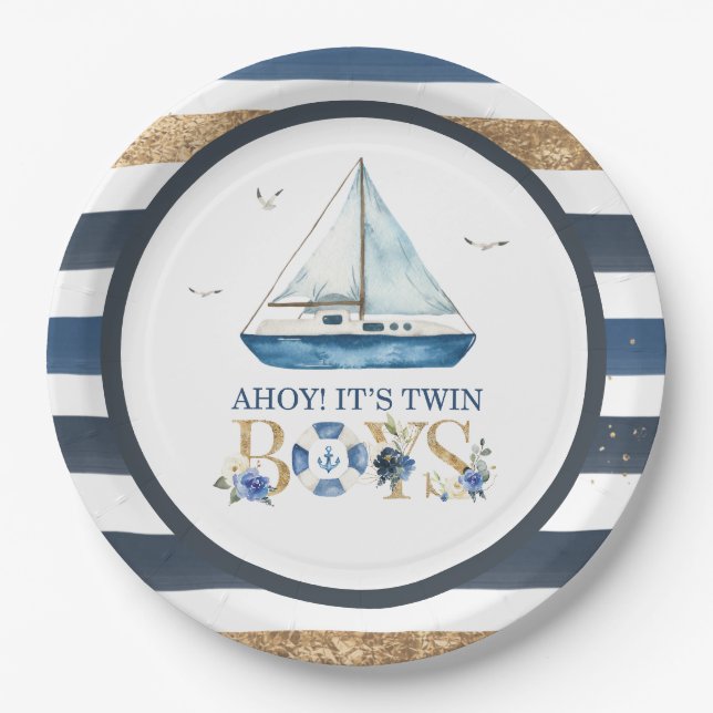 Nautical Blue Boat Ahoy Es ist Twin Boys Baby Show Pappteller (Vorderseite)
