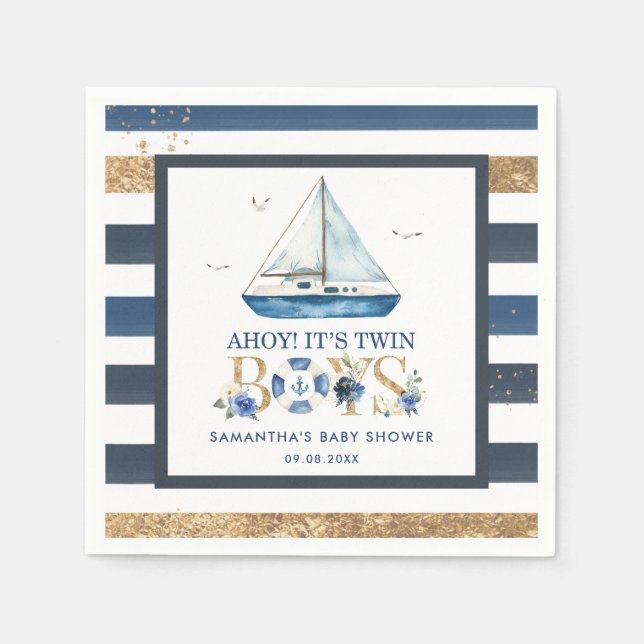 Nautical Blue Boat Ahoy Es ist Twin Boys Baby Show Serviette (Vorderseite)