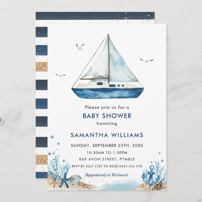 Nautical Blue Boat Baby Shower Einladung (Vorne/Hinten)