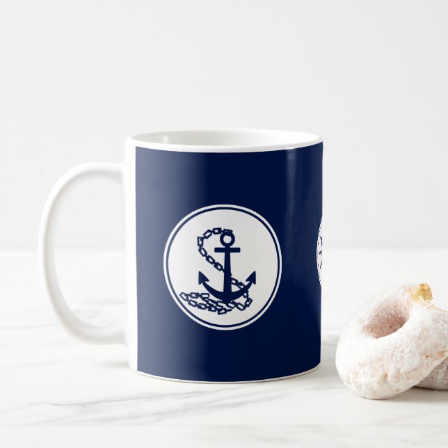 Nautical Blue Coffee Tasse, Anker- und Schiffsrad Kaffeetasse (Mit Donut)
