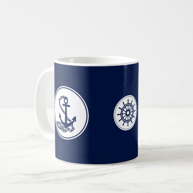 Nautical Blue Coffee Tasse, Anker- und Schiffsrad Kaffeetasse (Vorderseite Links)