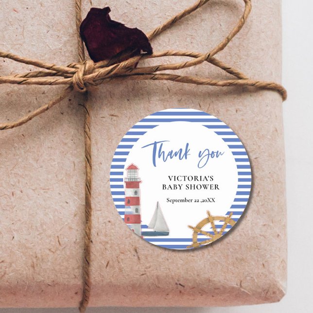 Nautical Blue Danke Baby Dusche Runder Aufkleber (Von Creator hochgeladen)