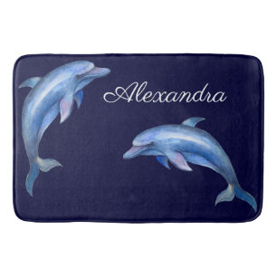 Nautical Blue Dolphin Watercolor Weißer Holzname Badematte
