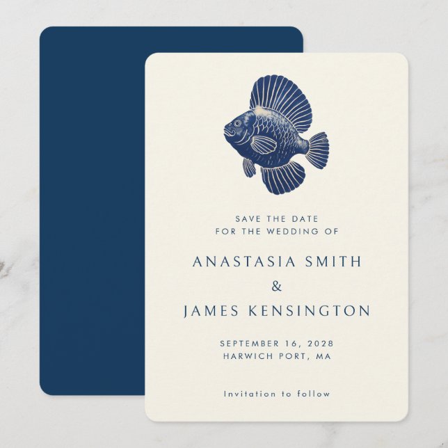 Nautical Blue Fish Stilvolle Hochzeit des modernen Einladung (Vorne/Hinten)