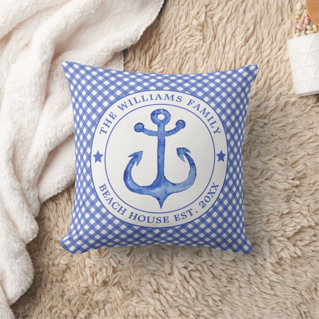 Nautical Blue Gingham Pattern - Family Beach House Kissen (Decke)