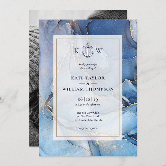 Nautical Blue Gold Agate Monogram Wedding Foto Einladung (Vorne/Hinten)