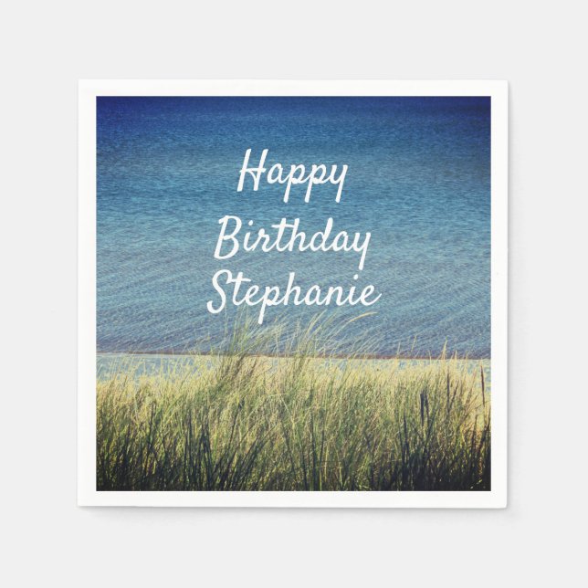 Nautical Blue Happy Birthday Beach Landschaft Nied Serviette (Vorderseite)