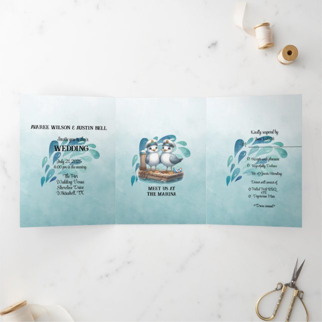 Nautical Blue Marina Style Wedding Dreifach Gefaltete Einladung (Innenseite)