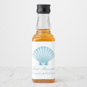 Nautical Blue Muschel Beach Just Married Wedding Alkoholflaschenetikett