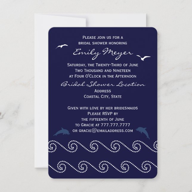 Nautical Blue Ocean Waves Bridal Dusche Einladung (Vorderseite)