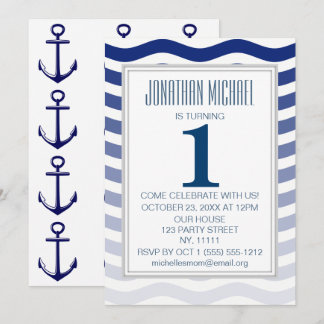 Nautical Blue Ombre Wave Anchor Erster Geburtstag Einladung