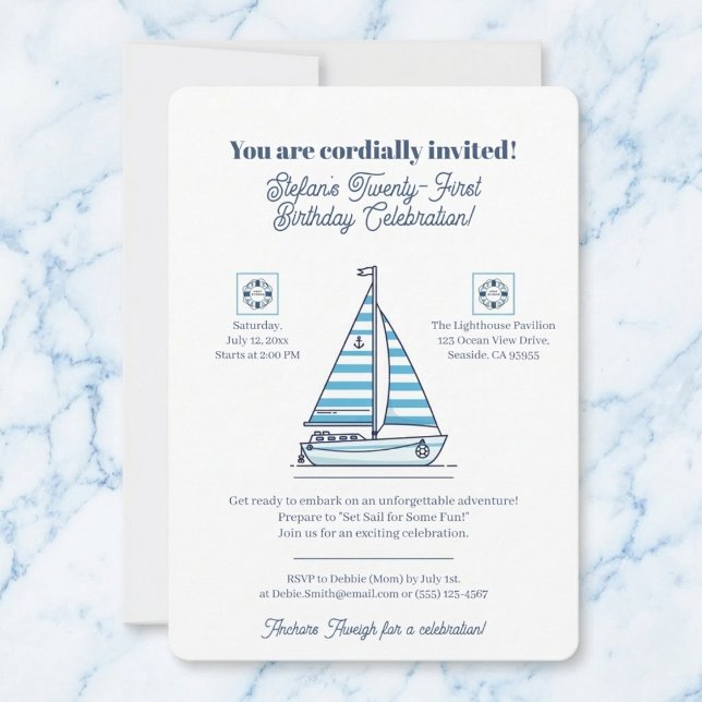 Nautical Blue Sailboat Birthday Party Invitation Einladung (Gather your crew for some waterfront fun.)