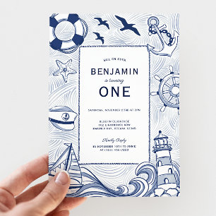 Nautical Blue Sailboat Leuchtturm 1. Geburtstag Einladung