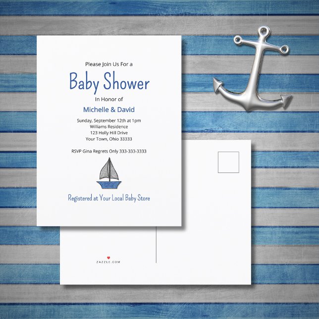 Nautical Blue Sailboat Niedlich Boy Baby Dusche Ankündigungspostkarte (Von Creator hochgeladen)