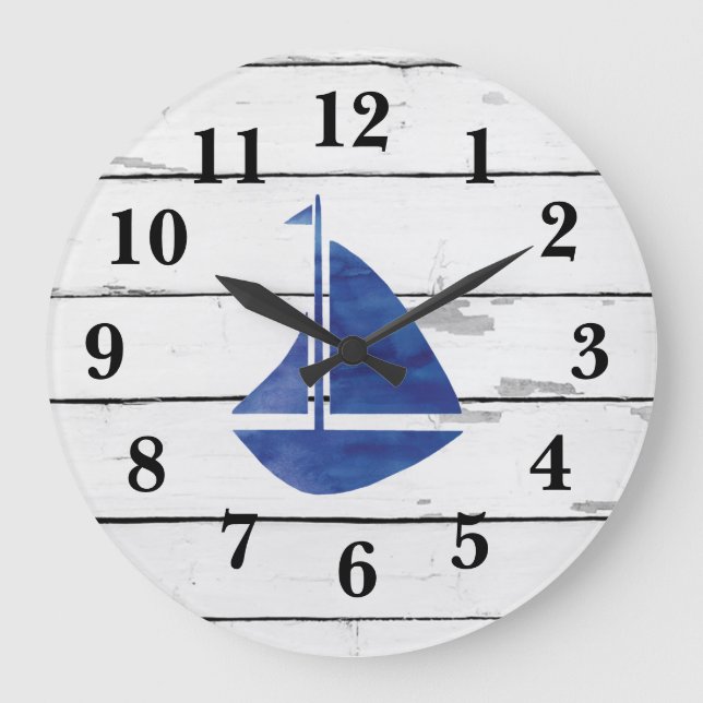 Nautical Blue Sailboat Shiplap Rustikales Dekor Große Wanduhr (Vorderseite)