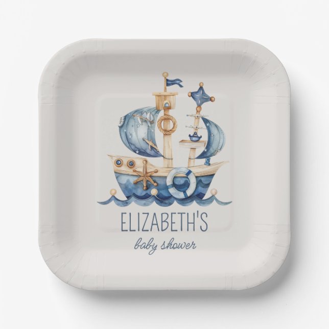 Nautical Blue Sailing Ship Baby Shower Pappteller (Vorderseite)