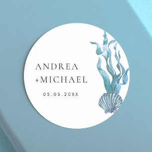 Nautical Blue Seashell Coastal Custom Wedding Runder Aufkleber