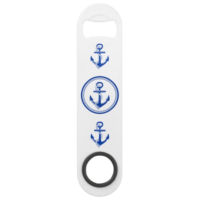 Nautical Blue Ship Anchor Roping und Bootname Speed Flaschenöffner (Vorderseite)