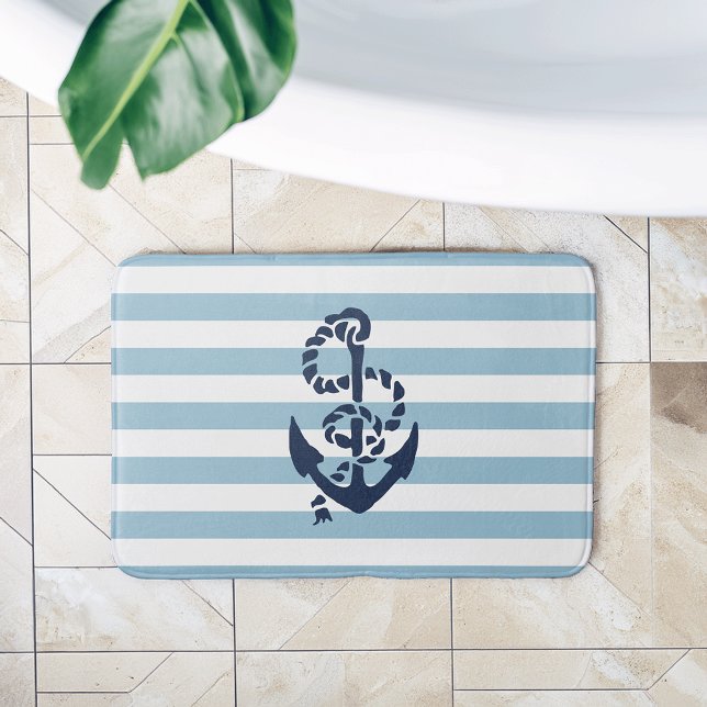 Nautical Blue Stripe Navy Anchor Badematte (Von Creator hochgeladen)