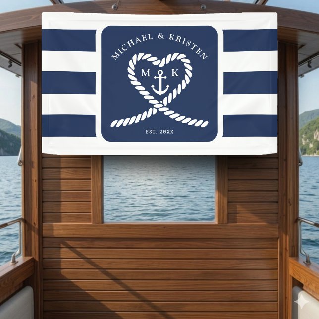 Nautical Blue Striped Heart Anchor Wedding Banner (Von Creator hochgeladen)