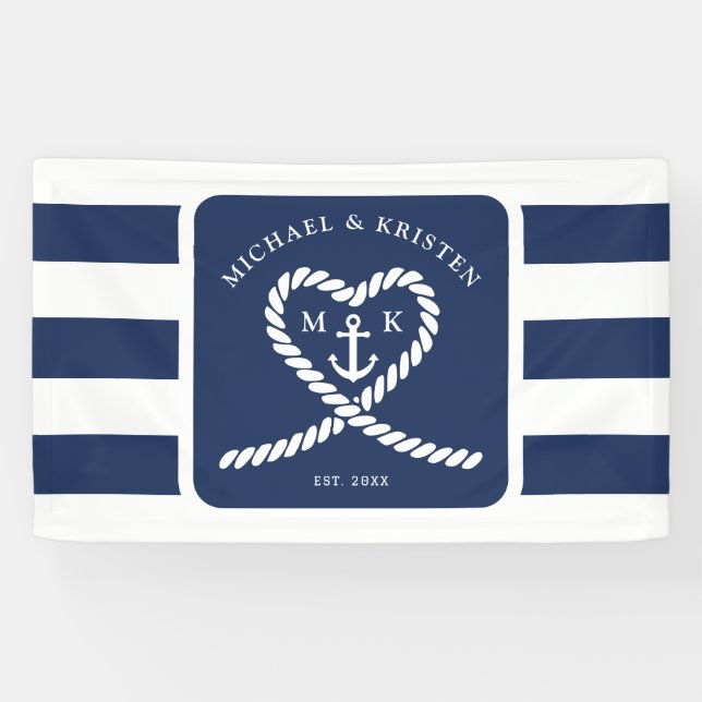 Nautical Blue Striped Heart Anchor Wedding Banner (Horizontal)