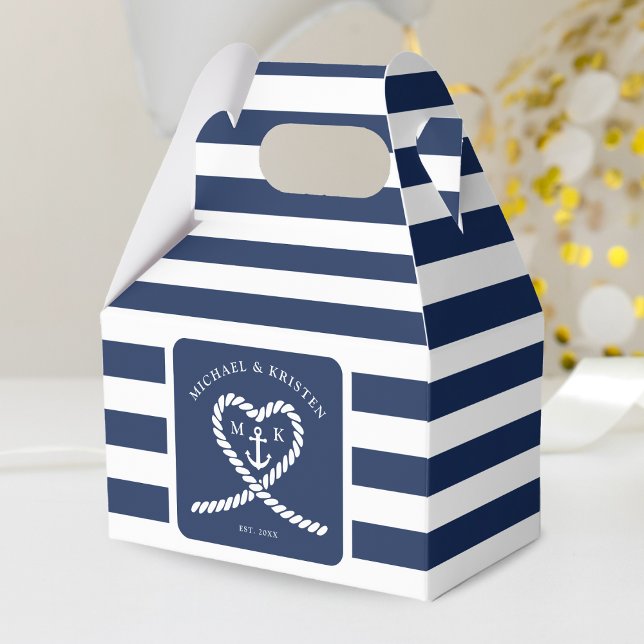 Nautical Blue Striped Heart Anchor Wedding Geschenkschachtel (Nautical Blue and White Rope Heart Anchor Striped Monogram Wedding Favor Box)