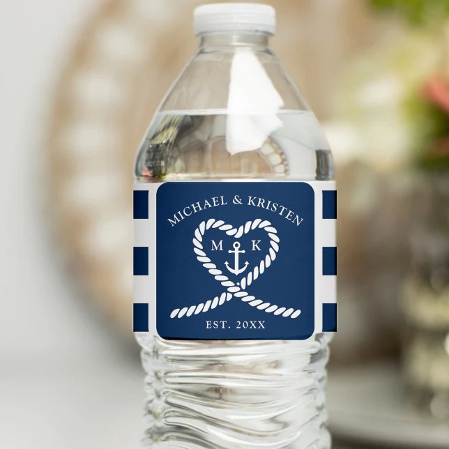 Nautical Blue Striped Heart Anchor Wedding Wasserflaschenetikett (Nautical Blue Striped Heart Anchor Wedding Water Bottle Label
)