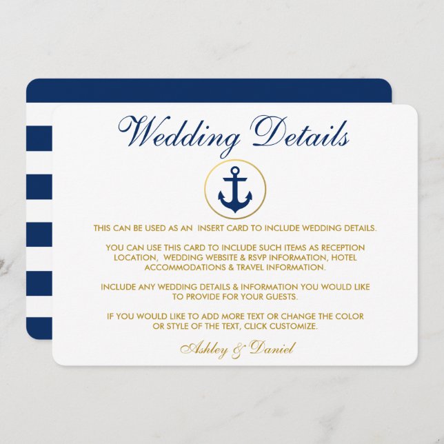 Nautical Blue Stripes Gold-Hochzeitdetails einfüge Einladung (Vorne/Hinten)