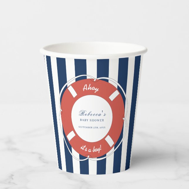 Nautical Blue Striping Baby Shower Boy Pappbecher (Vorderseite)