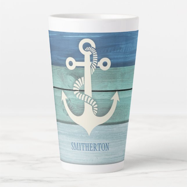 Nautical Blue Turquoise Wood Anchor Milchtasse (Vorderseite)